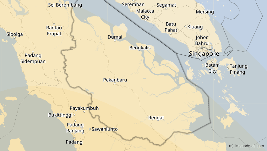 A map of Riau, Indonesien, showing the path of the 5. Jan 2057 Totale Sonnenfinsternis