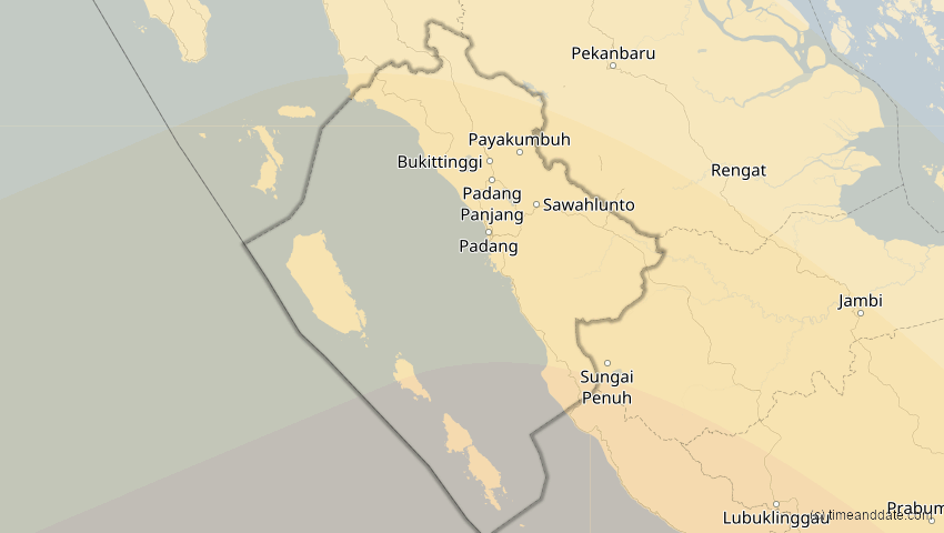 A map of Sumatera Barat, Indonesien, showing the path of the 5. Jan 2057 Totale Sonnenfinsternis