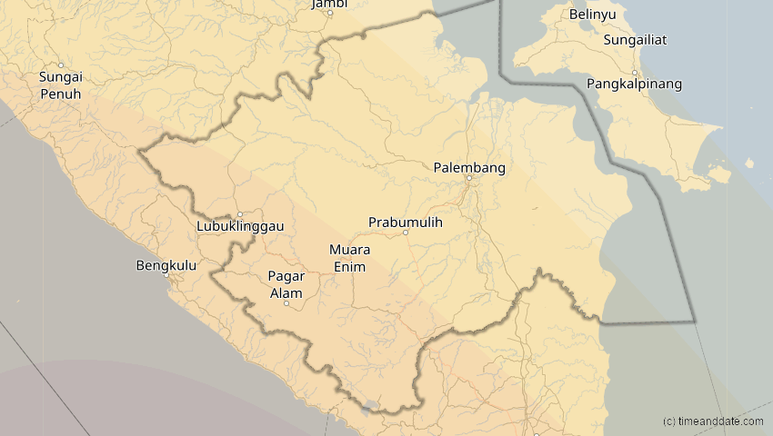 A map of Sumatera Selatan, Indonesien, showing the path of the 5. Jan 2057 Totale Sonnenfinsternis