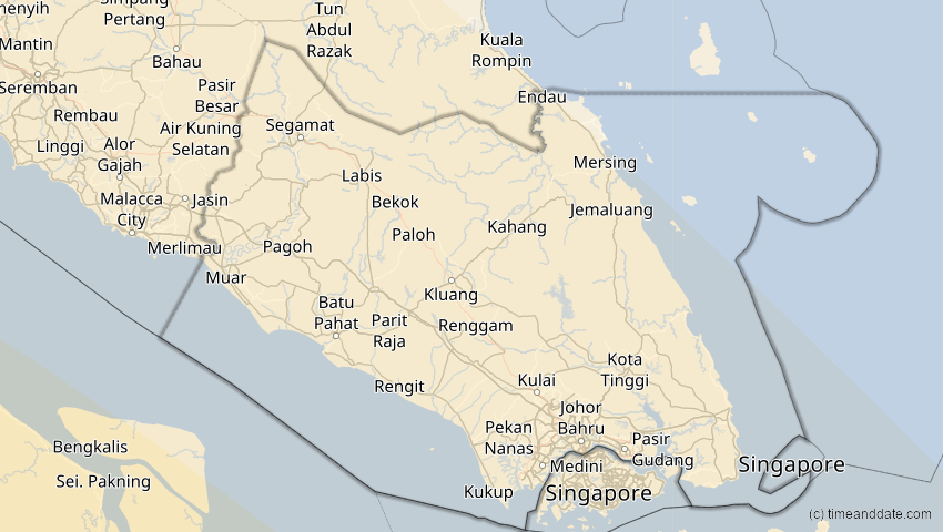 A map of Johor, Malaysia, showing the path of the 5. Jan 2057 Totale Sonnenfinsternis