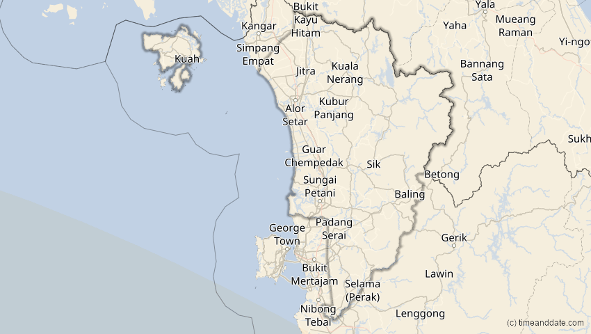 A map of Kedah, Malaysia, showing the path of the 5. Jan 2057 Totale Sonnenfinsternis