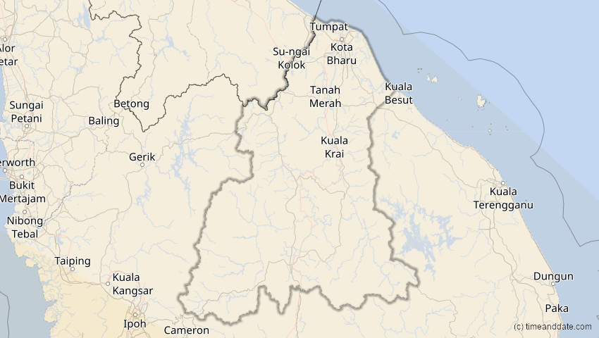 A map of Kelantan, Malaysia, showing the path of the 5. Jan 2057 Totale Sonnenfinsternis