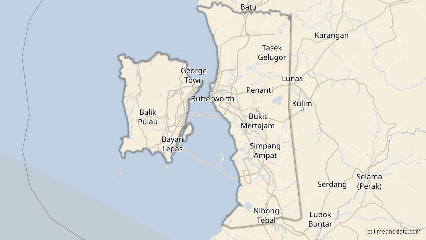 A map of Penang, Malaysia, showing the path of the 5. Jan 2057 Totale Sonnenfinsternis