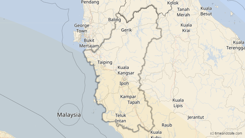 A map of Perak, Malaysia, showing the path of the 5. Jan 2057 Totale Sonnenfinsternis