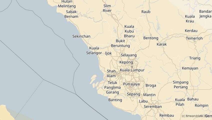 A map of Selangor, Malaysia, showing the path of the 5. Jan 2057 Totale Sonnenfinsternis