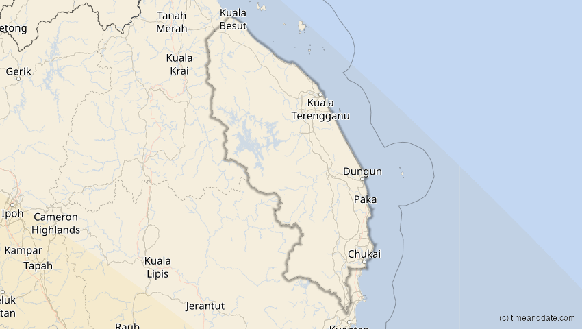 A map of Terengganu, Malaysia, showing the path of the 5. Jan 2057 Totale Sonnenfinsternis