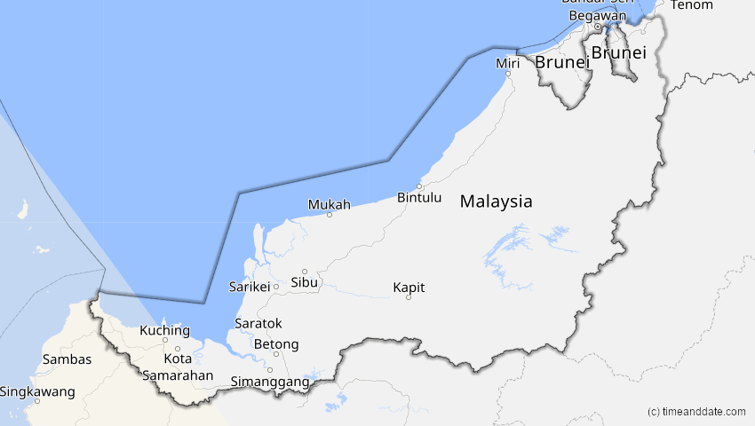 A map of Sarawak, Malaysia, showing the path of the 5. Jan 2057 Totale Sonnenfinsternis