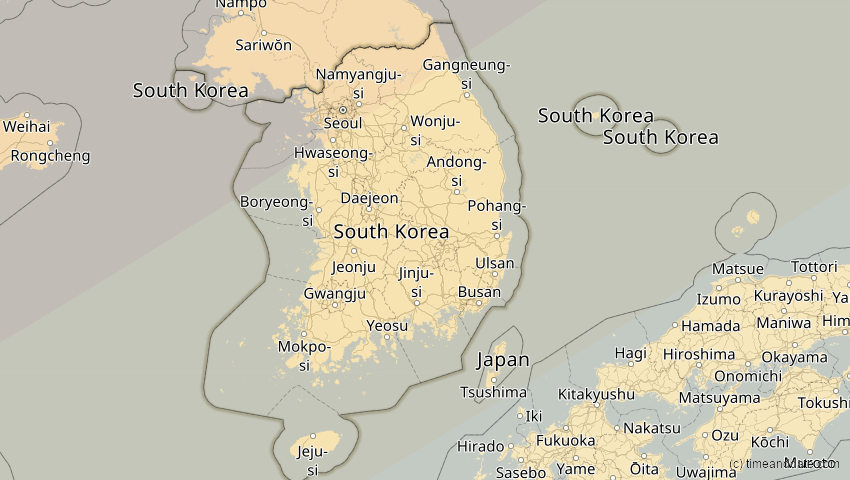 A map of Südkorea, showing the path of the 2. Jul 2057 Ringförmige Sonnenfinsternis