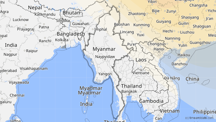A map of Myanmar, showing the path of the 2. Jul 2057 Ringförmige Sonnenfinsternis