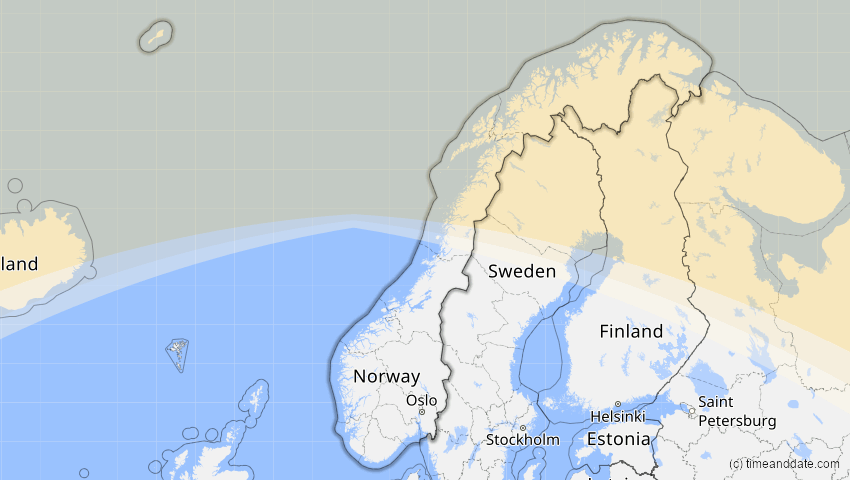 A map of Norwegen, showing the path of the 1–2. Jul 2057 Ringförmige Sonnenfinsternis