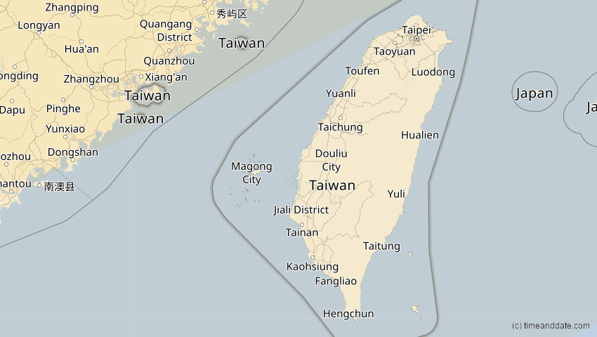 A map of Taiwan, showing the path of the 2. Jul 2057 Ringförmige Sonnenfinsternis