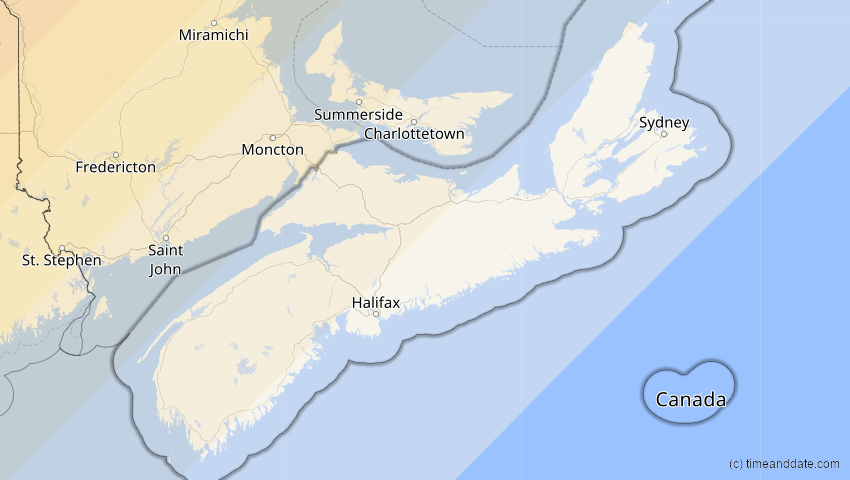 A map of Nova Scotia, Kanada, showing the path of the 1. Jul 2057 Ringförmige Sonnenfinsternis