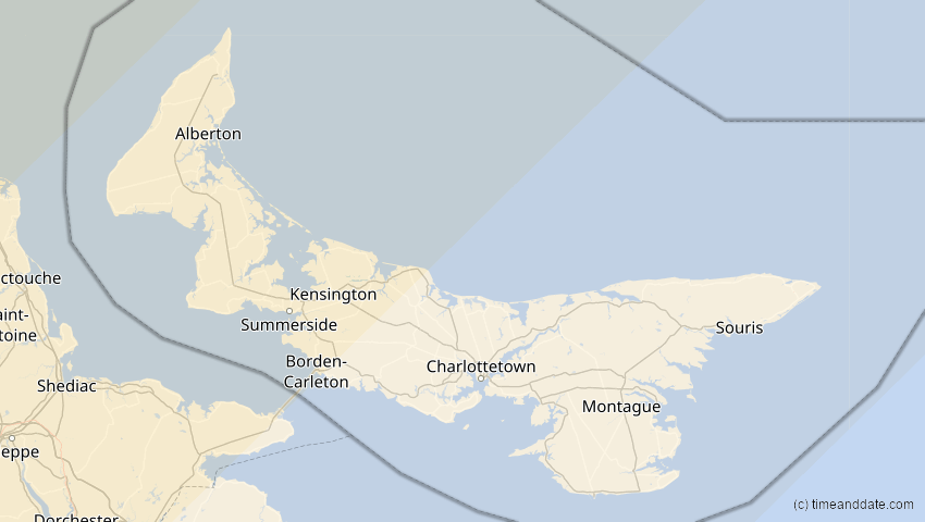 A map of Prince Edward Island, Kanada, showing the path of the 1. Jul 2057 Ringförmige Sonnenfinsternis