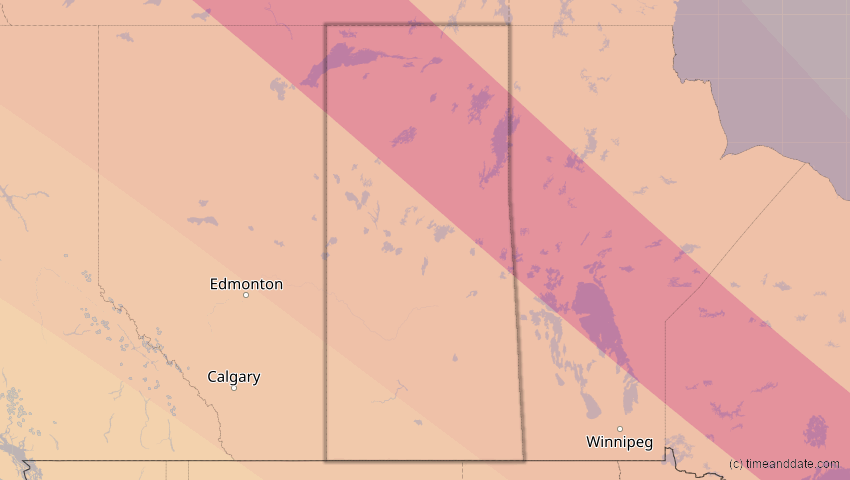A map of Saskatchewan, Kanada, showing the path of the 1. Jul 2057 Ringförmige Sonnenfinsternis
