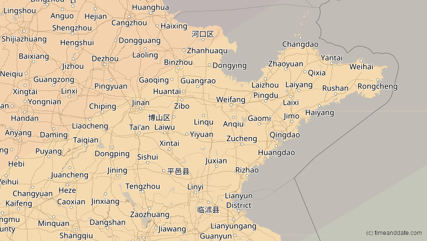 A map of Shandong, China, showing the path of the 2. Jul 2057 Ringförmige Sonnenfinsternis
