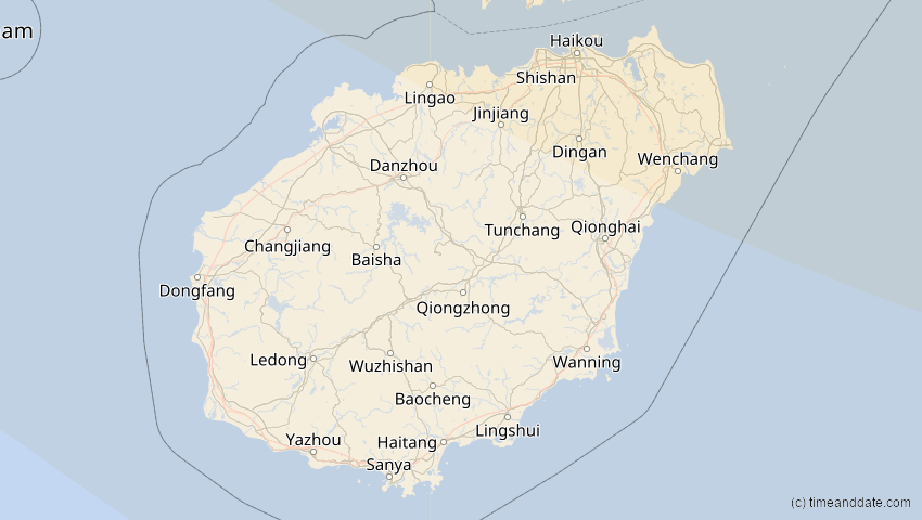 A map of Hainan, China, showing the path of the 2. Jul 2057 Ringförmige Sonnenfinsternis
