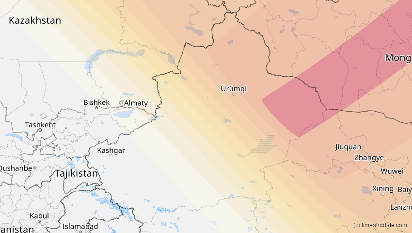 A map of Xinjiang, China, showing the path of the 2. Jul 2057 Ringförmige Sonnenfinsternis