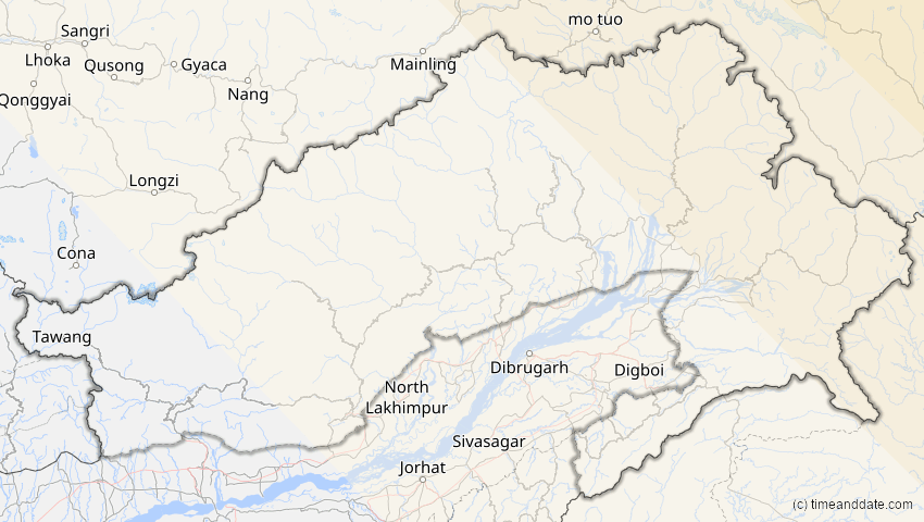 A map of Arunachal Pradesh, Indien, showing the path of the 2. Jul 2057 Ringförmige Sonnenfinsternis