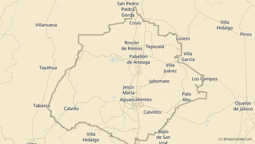 A map of Aguascalientes, Mexiko, showing the path of the 1. Jul 2057 Ringförmige Sonnenfinsternis