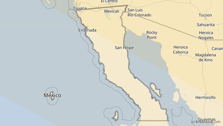 A map of Baja California, Mexiko, showing the path of the 1. Jul 2057 Ringförmige Sonnenfinsternis