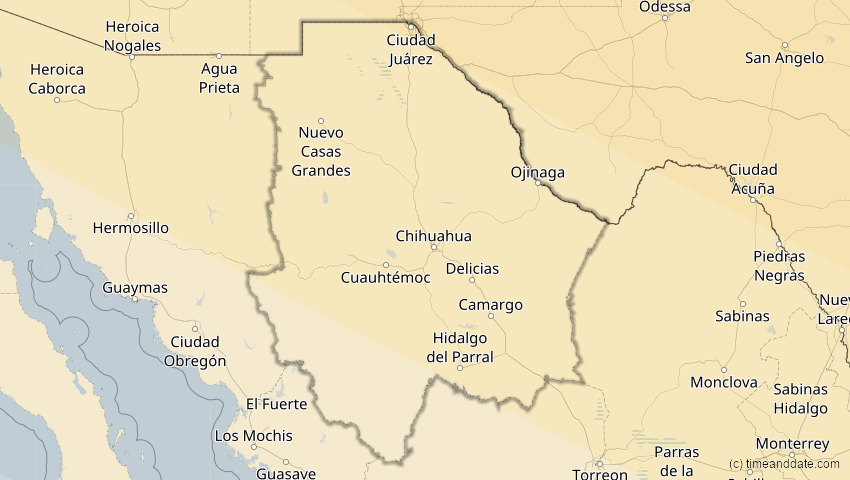 A map of Chihuahua, Mexiko, showing the path of the 1. Jul 2057 Ringförmige Sonnenfinsternis