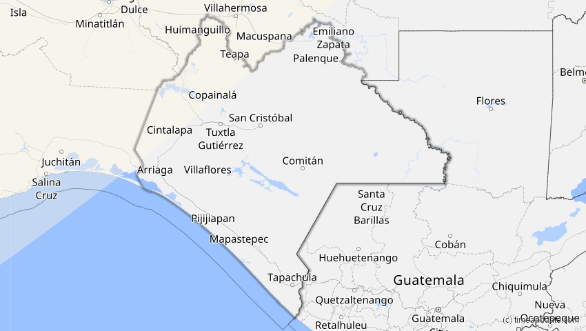 A map of Chiapas, Mexiko, showing the path of the 1. Jul 2057 Ringförmige Sonnenfinsternis