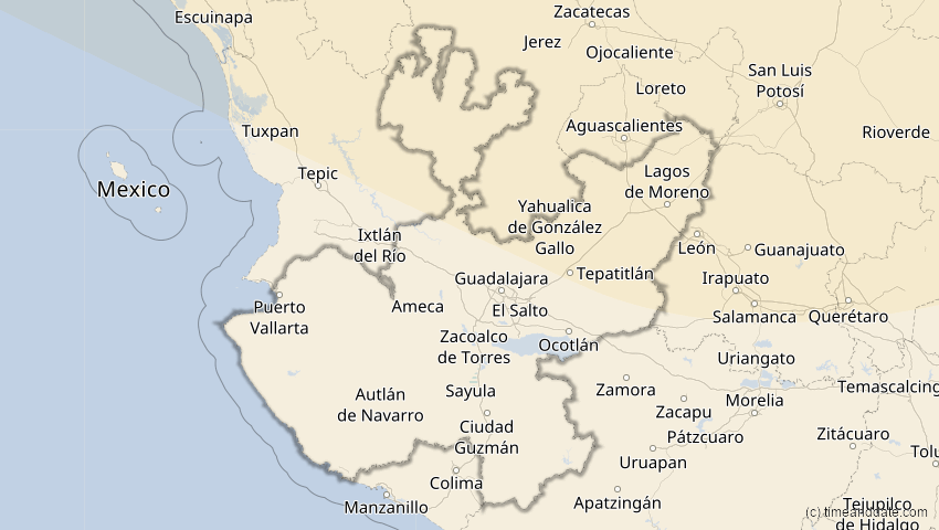 A map of Jalisco, Mexiko, showing the path of the 1. Jul 2057 Ringförmige Sonnenfinsternis