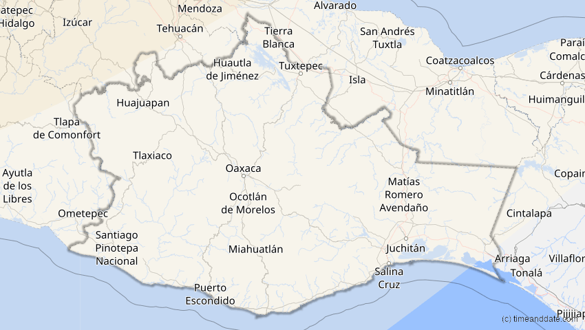 A map of Oaxaca, Mexiko, showing the path of the 1. Jul 2057 Ringförmige Sonnenfinsternis