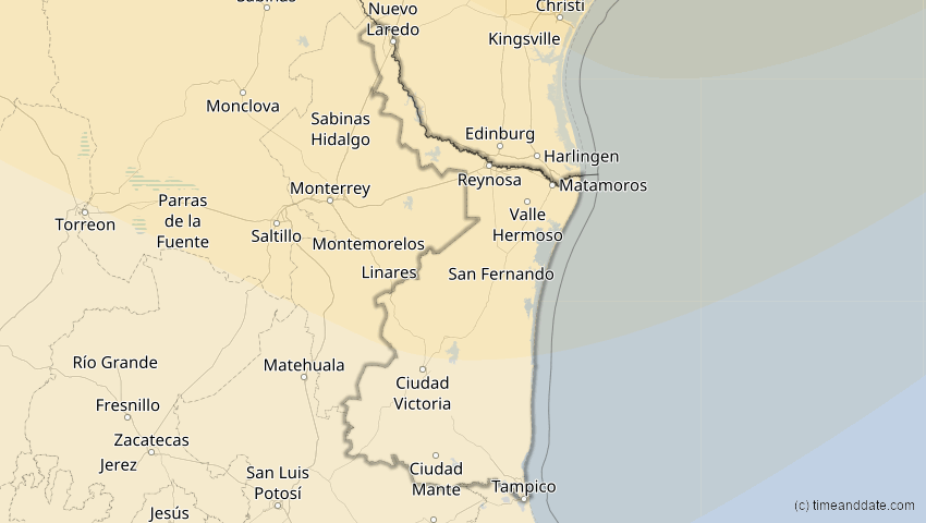 A map of Tamaulipas, Mexiko, showing the path of the 1. Jul 2057 Ringförmige Sonnenfinsternis
