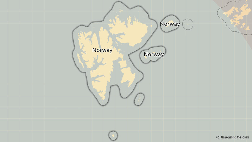 A map of Spitzbergen, Norwegen, showing the path of the 1–2. Jul 2057 Ringförmige Sonnenfinsternis