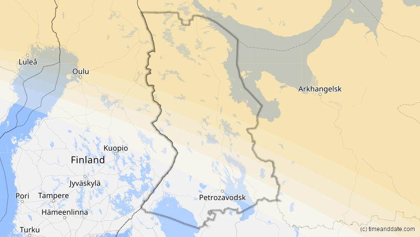 A map of Karelien, Russland, showing the path of the 1–2. Jul 2057 Ringförmige Sonnenfinsternis
