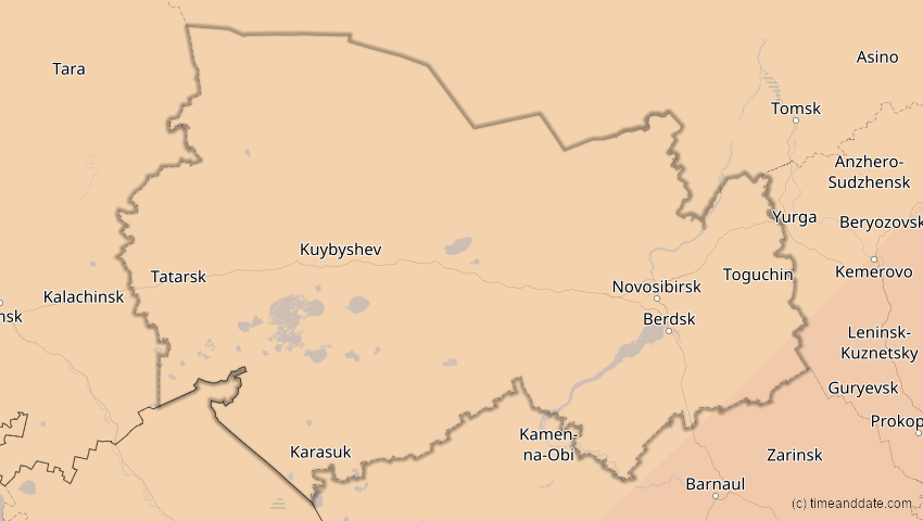 A map of Nowosibirsk, Russland, showing the path of the 2. Jul 2057 Ringförmige Sonnenfinsternis