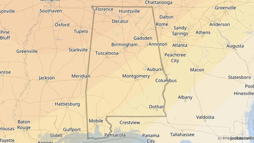A map of Alabama, USA, showing the path of the 1. Jul 2057 Ringförmige Sonnenfinsternis