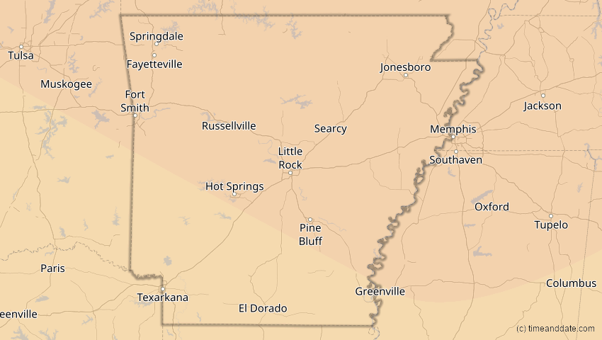 A map of Arkansas, USA, showing the path of the 1. Jul 2057 Ringförmige Sonnenfinsternis