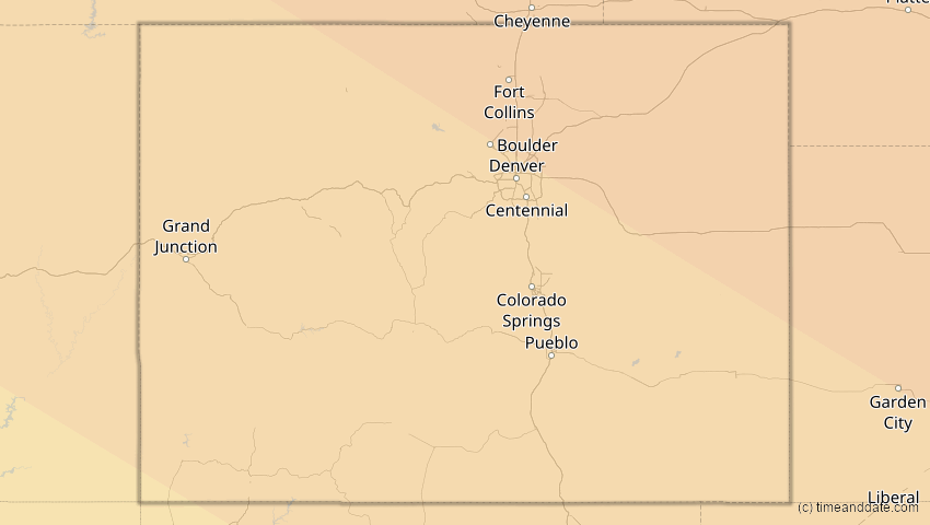 A map of Colorado, USA, showing the path of the 1. Jul 2057 Ringförmige Sonnenfinsternis