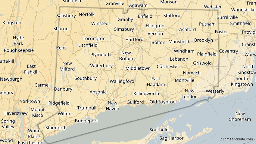 A map of Connecticut, USA, showing the path of the 1. Jul 2057 Ringförmige Sonnenfinsternis