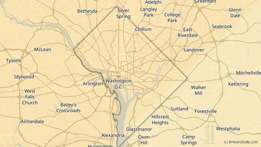 A map of District of Columbia, USA, showing the path of the 1. Jul 2057 Ringförmige Sonnenfinsternis