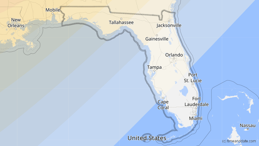 A map of Florida, USA, showing the path of the 1. Jul 2057 Ringförmige Sonnenfinsternis
