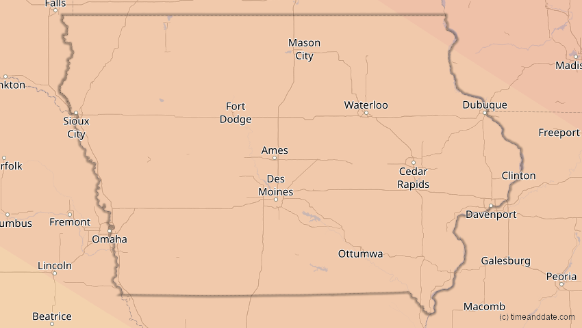 A map of Iowa, USA, showing the path of the 1. Jul 2057 Ringförmige Sonnenfinsternis