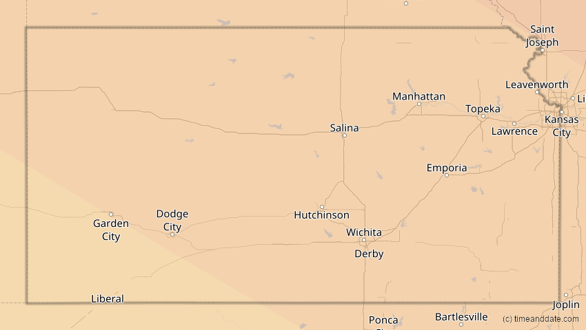 A map of Kansas, USA, showing the path of the 1. Jul 2057 Ringförmige Sonnenfinsternis