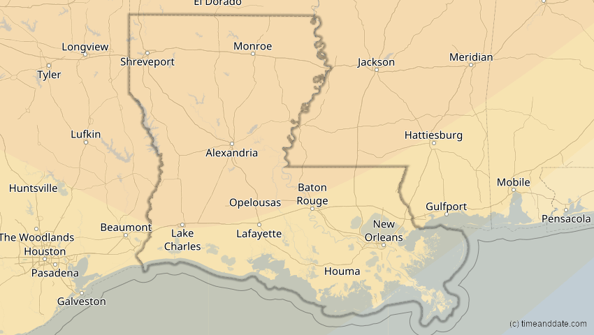 A map of Louisiana, USA, showing the path of the 1. Jul 2057 Ringförmige Sonnenfinsternis