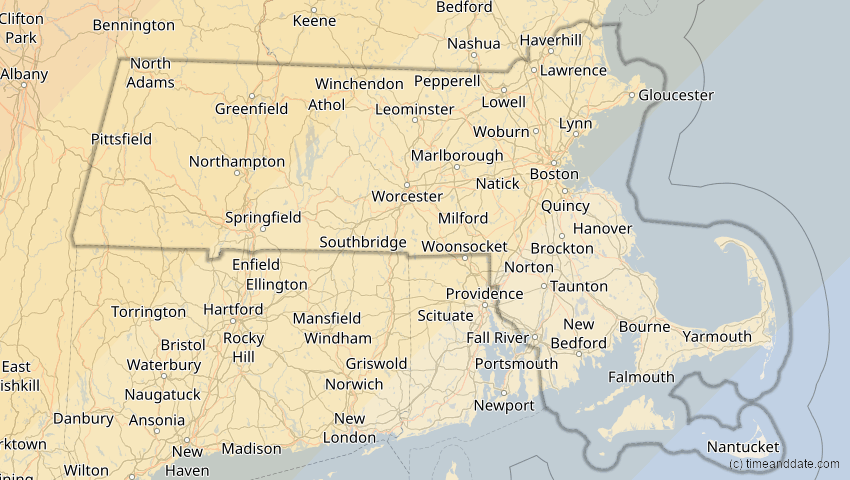 A map of Massachusetts, USA, showing the path of the 1. Jul 2057 Ringförmige Sonnenfinsternis