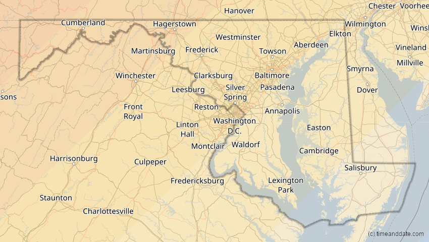 A map of Maryland, USA, showing the path of the 1. Jul 2057 Ringförmige Sonnenfinsternis