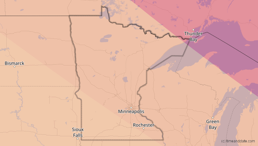 A map of Minnesota, USA, showing the path of the 1. Jul 2057 Ringförmige Sonnenfinsternis