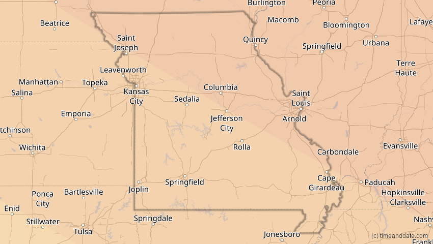 A map of Missouri, USA, showing the path of the 1. Jul 2057 Ringförmige Sonnenfinsternis