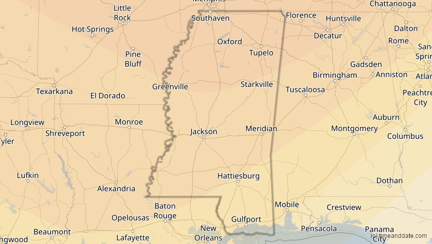A map of Mississippi, USA, showing the path of the 1. Jul 2057 Ringförmige Sonnenfinsternis