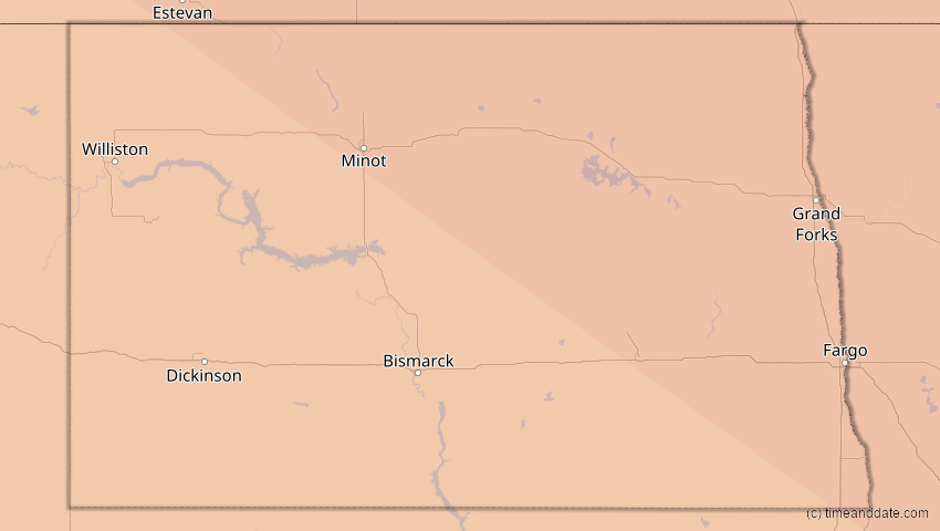 A map of North Dakota, USA, showing the path of the 1. Jul 2057 Ringförmige Sonnenfinsternis