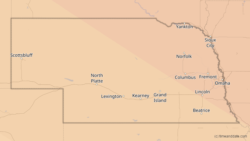 A map of Nebraska, USA, showing the path of the 1. Jul 2057 Ringförmige Sonnenfinsternis
