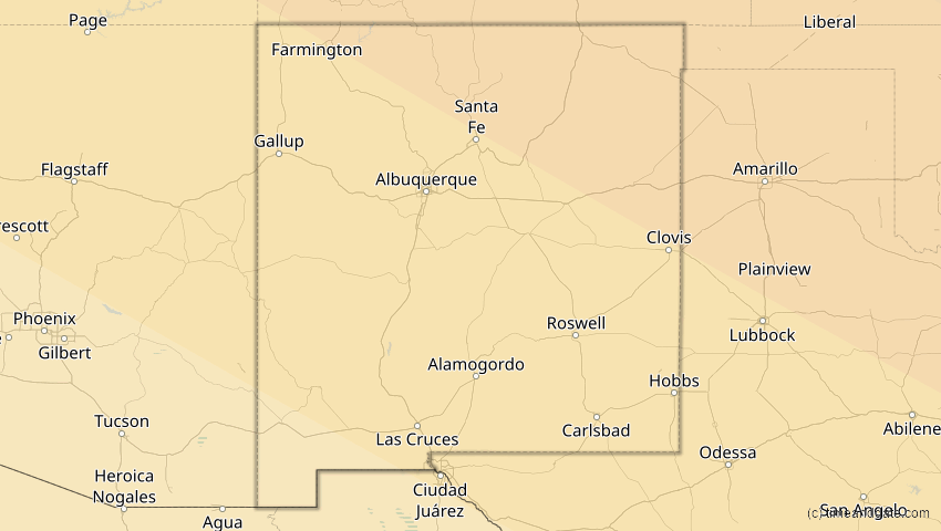 A map of New Mexico, USA, showing the path of the 1. Jul 2057 Ringförmige Sonnenfinsternis