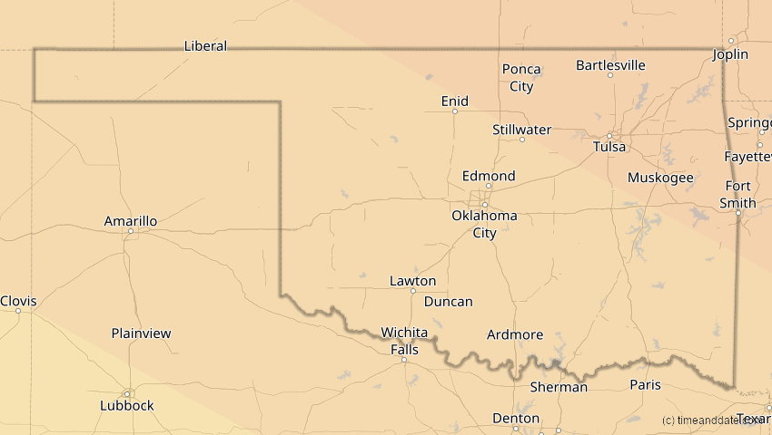 A map of Oklahoma, USA, showing the path of the 1. Jul 2057 Ringförmige Sonnenfinsternis